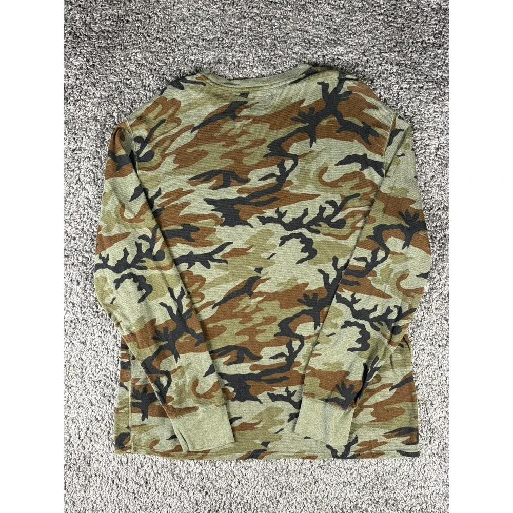 Polo Ralph Lauren Mens XL Camo Waffle Knit Thermal Long Sleeve Shirt Green Brown